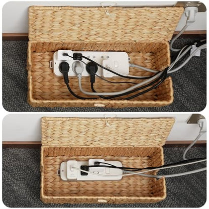 Cable Management Box with Lid, 2Pack Handwoven Real Water Hyacinth Cord Hider Organizer Boxes, 2 Side Open Slots Storage Box to Hide Cords Power Strip for Desk, Floor, Office