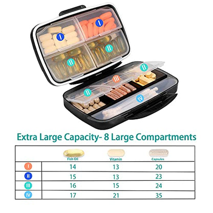 Fullicon Moisture Proof Travel Pill Organizer, 8 Compartments, Grey | Moisture Proof, Travel, Easy Open, Holds 14-17 Fish Oils, 20-35 Capsules or 13-21 Vitamins, Customized Labels, BPA-Free