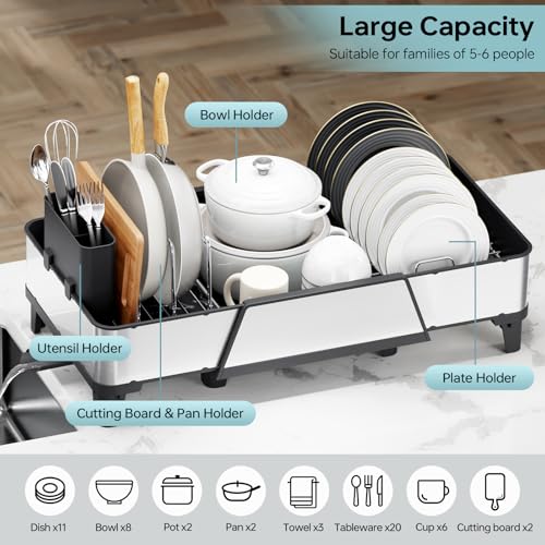 Urackify Large Expandable Dish Drying Rack for Kitchen Counter, Black | Triple Extendable 16.5"-24.2", Stainless Steel Anti-Rust Dish Drainers with Cutlery & Cup Holders for RV, Appartment,