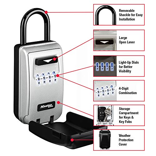 Master Lock Black Portable Key Lock Box with Light Up Dials, Set/Reset Combination for Tenants, Guests, Clients, Ideal for Realtors, Landlords or Property Managers, Holds 6 Keys, 5424EC