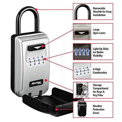 Master Lock Black Portable Key Lock Box with Light Up Dials, Set/Reset Combination for Tenants, Guests, Clients, Ideal for Realtors, Landlords or Property Managers, Holds 6 Keys, 5424EC