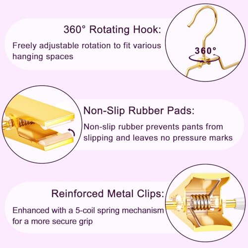 30Pack Heavy Duty Metal Pants Hangers,Pants Hangers with 2 Adjustable Clips | Gold Skirt Hangers with 360° Swivel Cost Hook, Space-Saving Shorts Hangers for Pants, Jeans, Slacks, Short Skirt