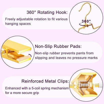 30Pack Heavy Duty Metal Pants Hangers,Pants Hangers with 2 Adjustable Clips | Gold Skirt Hangers with 360° Swivel Cost Hook, Space-Saving Shorts Hangers for Pants, Jeans, Slacks, Short Skirt