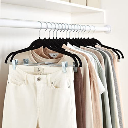 Amazon Basics Velvet Non-Slip Skirt Clothes Hangers with Clips, 360 Degree Rotatable Hook, Organize Pants and Skirts, Black/Silver, 24-Pack