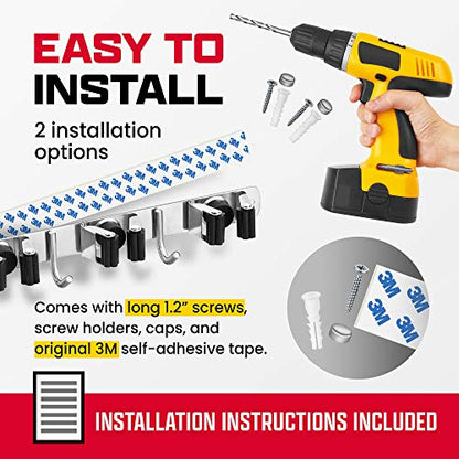 Wall Mount Hanger for Brooms & Mops - Adhesive Stainless Steel Mops & Broom Holder, 4 Clamps, 3 Hooks, & 5 Towel Hanger Clips Including Mounting Hardware for Utility Room Organization