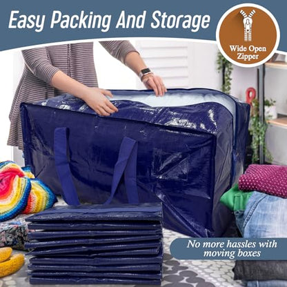 6 Pack Extra Heavy Duty Large Moving Bags with Strong Zipper, Dark Blue | Comfortable Handles, Sturdy & Durable Clothes Storage Bags Totes Bins, Blue Packing Moving Boxes for College Supplies