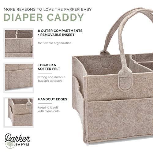 Parker Baby Co. Felt Diaper Caddy Organizer - Regular, Oatmeal | Portable nursery storage bin for diapers, wipes, bottles & baby essentials for home/car. Soft felt, foldable design 13x9x7"