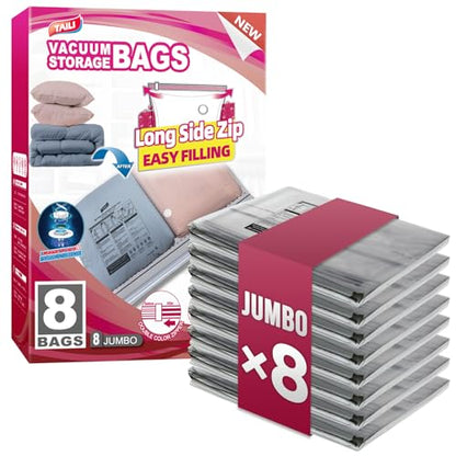 TAILI 8 Pack Vacuum Storage Bags, Jumbo LONG SIDE ZIP(39x28 inch), Clear | Vacuum Seal Bags for Clothing, Space Saver for Beddings, Comforters, Blankets, Pillows