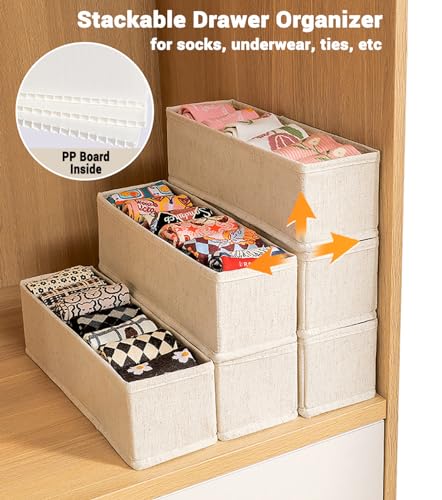 MURRI&MURRDI Mini Foldable Clothes Drawer Organizer 6 Pcs, Fabric Drawer Organizer for Nursery, Small Drawer Fabric Organizer for Clothing, Sock Underwear Bra Belt Tie Scarves Drawer (6 Light Beige)