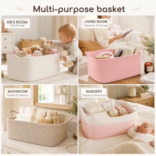 OIASKET Large Empty Cotton Rope Gift Basket with Handles, 16.5"x12.6"x7" Decorative Woven Storage Basket with Gift Bag and Ribbon Set for Baby Shower, Toy Organizer for Kids, Dogs & Cats - White