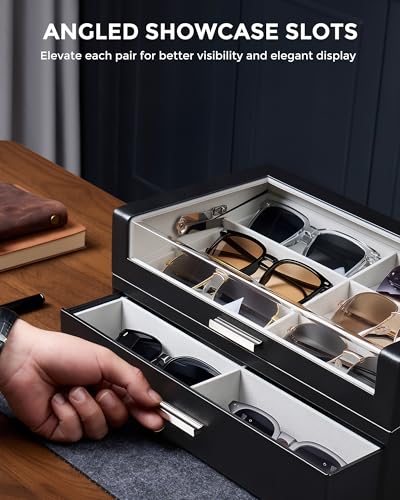 ProCase 12 Slots Sunglasses Box with L-Shaped Clear Lid -Black | Multiple Pairs Glasses Display Organizer Eyewear Eyeglass Eye Glass Storage Holder with Drawer for Men Women