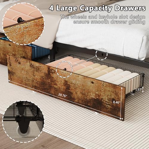 VINGLI Queen Bed Frame with 4 Storage Drawers and Headboard, Metal Platform Panel Bed with Charging Station and RGB LED Lights, No Box Spring Needed, Noise Free, Easy Assembly,Rustic Brown
