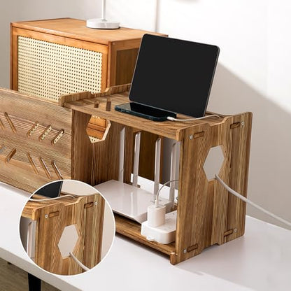 Solid Wood Projector Shelf Router Shelf Projector Stand Router Storage Box | Router Cover Organized Modem Cable Power Strip Cable Management Hider Rack by Need Assembly (Rustic Brown)