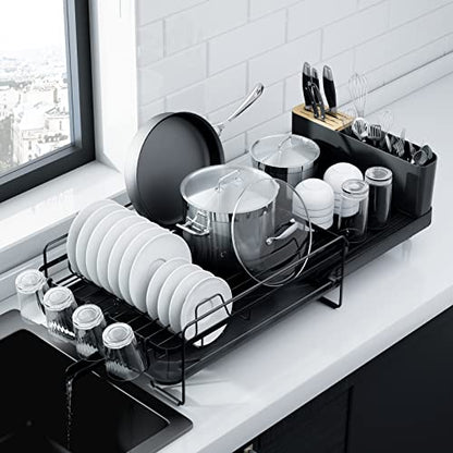 Kitsure Extendable Dish Drying Rack, 19.2"-26.7" L x 12.9" W, Black | Large Dish Rack, Multifunctional Dish Rack for Kitchen Counter, Anti-Rust Dish Drainers with Cutlery & Cup Holders