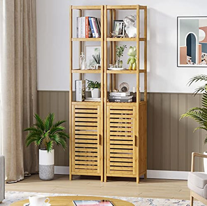 Storage Tall Slim Cabinet with Shutter Door and 3 Tier Shelves, Freestanding Linen Tower Cabinet for Living Room, Kitchen, Bathroom Organizer, Natural Bamboo