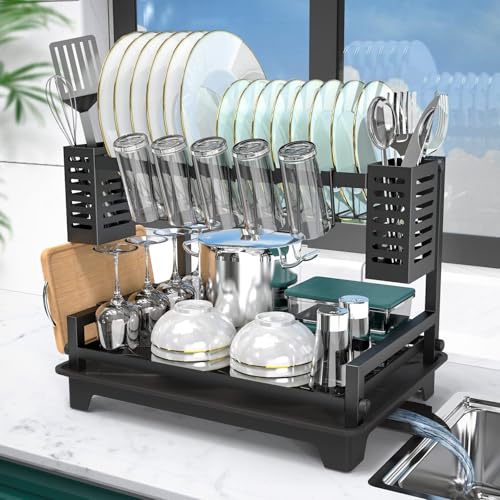 Dish Drying Rack: 2 Tier Dish Racks for Kitchen Co... (Black | Metal)