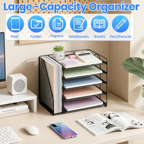 Desk Organizers and Accessories, 5-Tier Paper Organizer Letter Tray with Magazine Holder, Office Desk Accessories & Workspace Organizers, Desktop File Organizer for Office Supplies, Black
