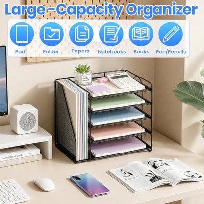 Desk Organizers and Accessories, 5-Tier Paper Organizer Letter Tray with Magazine Holder, Office Desk Accessories & Workspace Organizers, Desktop File Organizer for Office Supplies, Black