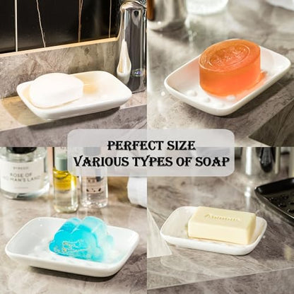 Soap Dish, Ceramic Soap Holder Shower Soap Dish for Bar Soap Sponge, Soap Saver Tray for Bathroom Kitchen Sink, White