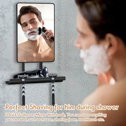 Fogless Shower Mirror, 360° Rotation Adjustable Shaving Mirror,Bathroom Shower Mirror with Multifunctional Storage Tray and Razor Holders
