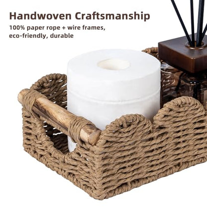 CubesLand Bathroom Basket Organizer, Toilet Decor Basket W/Cut Out Handle | Wicker Toilet Paper Storage Basket Tray, Scalloped Basket for Bathroom Countertop Decorative Also for Home Decor, Neutral