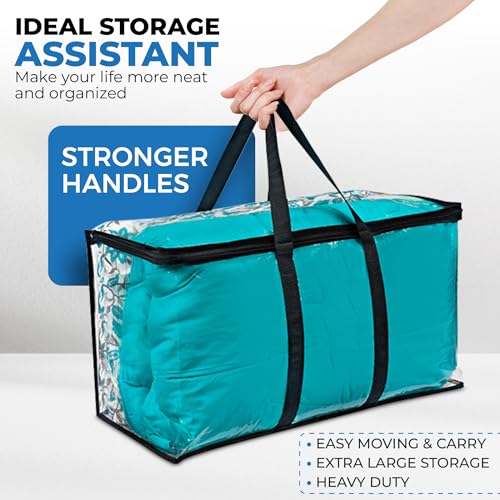 Clear Moving Bag (4-Pack) 25x14x12 - Zipper, Blankets, Breathable | Breathable Non-Woven Sides, Foldable, Comforters, Bedding, Clothes, Sweaters, College, Dorm, Packing