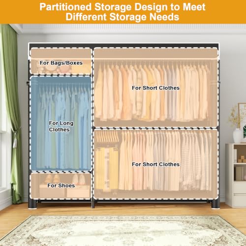 Clothes Rack with Cover Covered Clothing Racks for Hanging Clothes | F7C Plus Heavy Duty Garment Rack, Adjustable Shelves and Rods Max Load 790 Lbs, Black Portable Closet Rack with Black Cover