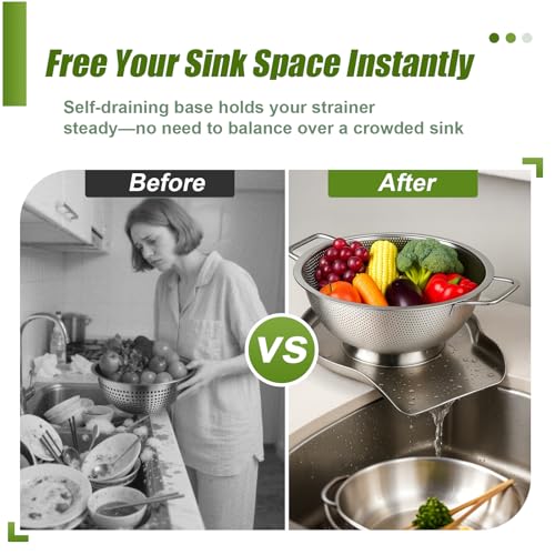 Palksky Colander and Strainer Self Drainer Base Plate Stainless Steel for Kitchen, Metal Countertop Draining Tray for Pasta Rice Noodle Fruit Veggie Food Strainer & Ceramic Colander