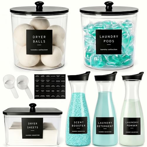 Laundry Room Organization Set, 3 Containers, 3 Dispensers, Black | 3 liquid laundry detergent dispensers, 2 laundry pods containers, 1 dryer sheet holder, with wood lids, labels and scoops