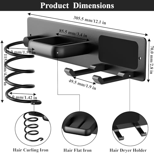 Hair Dryer Holder Wall Mount Aluminum Alloy Hot Tools Organizer | Heavy Duty, Matte Black