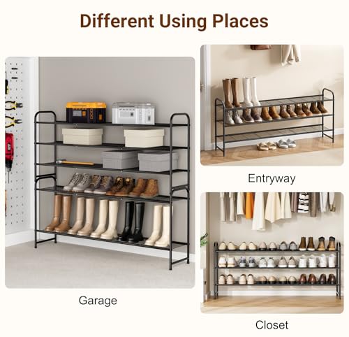 3-Tier Long Shoe Rack for Closet Metal Shoe Organizer for Entryway, Wide Stackable Shoe Storage Shelf with Sturdy Wire Grid for Closet Floor, Bedroom, Black