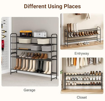 3-Tier Long Shoe Rack for Closet Metal Shoe Organizer for Entryway, Wide Stackable Shoe Storage Shelf with Sturdy Wire Grid for Closet Floor, Bedroom, Black
