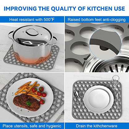 Silicone Sink Mat 2PCS TOOVEM Sink Protectors for Kitchen Sinks | 13.58 x 11.6 inch Sink Protectors for Kitchen Sinks, Folding Grid for Bottom of Farmhouse Stainless Steel Porcelain Sink