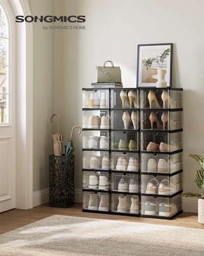 SONGMICS Foldable Shoe Boxes, Stackable Shoe Storage Organizer | Pack of 18, Portable, Fit up to US size 13, 60s Assembly, Transparent and Ink Black ULSP207B01