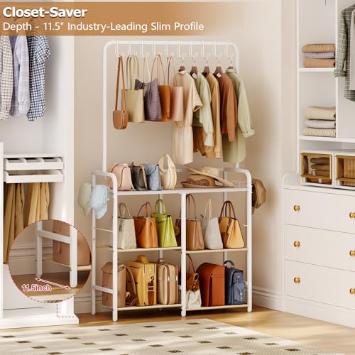Large Capacity 3-Tier Purse Organizer for Closet, Double-Row Rack, 16 Hooks | 10 Top Hooks, 6 Side Hooks: Three shelves hold at least seven handbags per tier; the 11.5-inch depth fits narrow spaces