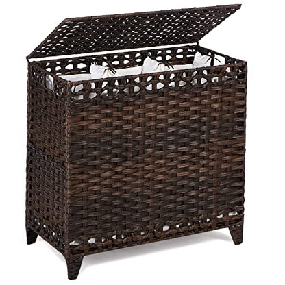 Laundry Hamper with 3 Removable Liner Bags, 132L Laundry Sorter with Lid | Raised Feet; Side Carry Handles; Handwoven PP Rattan; Rust-Resistant Iron Frame; Decorative Woven Design