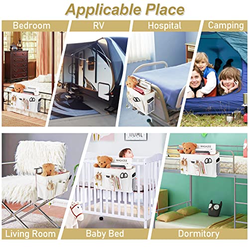 Bedside Caddy Organizer Hanging Storage Bag Bunk Bed White | Bed Caddy with Magazine Water Bottle Phone Holder for College Dorm and Hospital Beds
