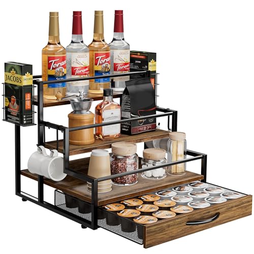 Coffee Syrup Organizer Rack, 4-Tier Stand with K-C... (Brown | Metal, Wood)