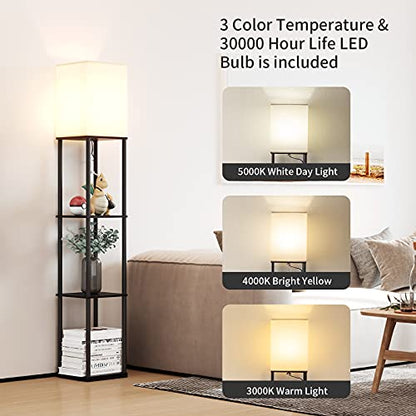 SUNMORY Floor Lamp with Shelves, Standing Lamps for Living Room, Black | 3 CCT LED Bulb Include, 4-Tier Display Bookshelf, 63" Tall Corner Shelf Lamp, Modern Style for Bedroom, Office, Home Decor