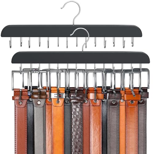 Belt Hanger for Closet, Sturdy Wood Belt Rack Clos... (2 Count | Black | Wood)