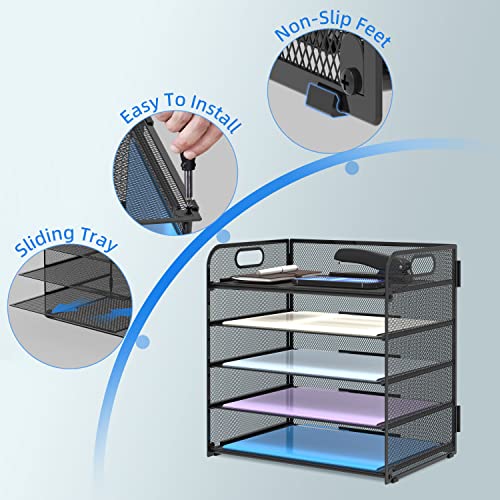 5 Trays Paper Organizer Letter Tray with Handle-Mesh Desk File Holders, Paper Sorter Desk Organizer for Office, Home, Classroom or School