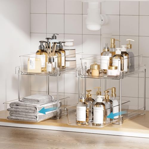 Vtopmart 4 Pack Pull Out Bathroom Under Sink Organizer (S-Standard) | Slide-out drawers, Multi-purpose storage, Clear visibility, Easy Set-up