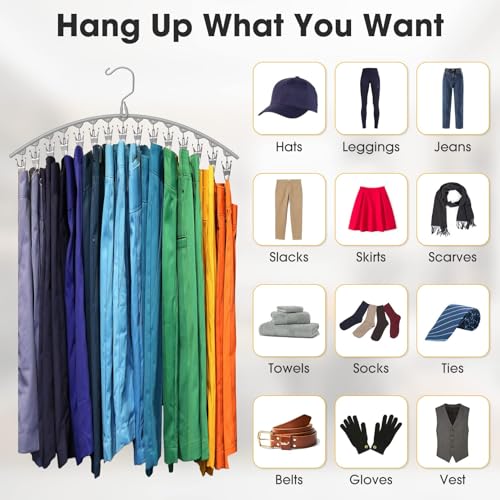Upgrade Skirt Pants Hangers with Clips, Metal Legging Organizer for Closet with 15 Cilps Holds 60 Leggings/Shorts/Jeans/Skirts Pants Hangers Space Saving Closet Organizers and Storage, Grey 4Pack