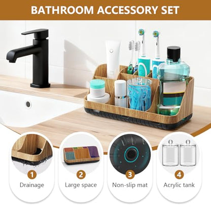 Bathroom Toothbrush Holder Set with 2 Pack Qtip Holder Dispenser - 7 Slots Kids Bathroom Accessory Sets with Drainage, Q Tip Holder for Bathroom Sink Counter Accessories Set