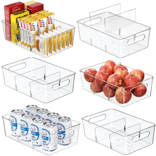 6-Pack Pantry Organizers and Storage, Clear Fridge Organizer Bins | Clear stackable plastic bins with removable dividers for packets, snacks, pouches and spices in pantry, fridge or freezer.