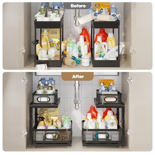 2 Pack Under Sink Organizer With Next-Gen Ball-Bearing Slides,2-Tier Precision Mesh Pull Out Cabinet Shelf Storage for Bathroom&Kitchen,Slide Out Drawers Height Adjustable,Rust-resistant