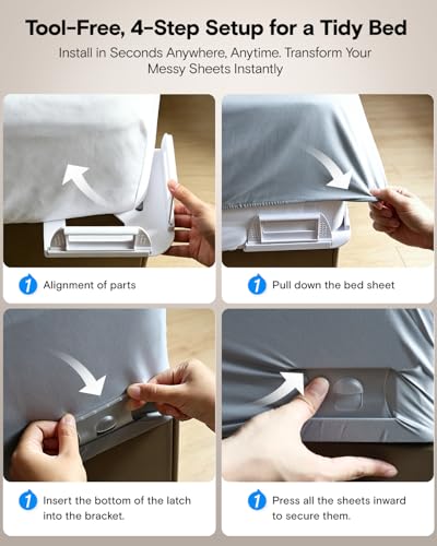 Luxclub Bed Sheet Holders for Corners, Strong Fitted Sheet Holder with Locks and Grippers Keep Sheets Firm & Tight, Easy Installation Mattress Clicks Straps Fasteners, No More Loose Bedding, Set of 4