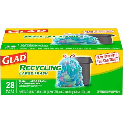 Glad Trash Bags, Large Drawstring Garbage Bags, 30 Gallon Blue Trash Bags for Large Kitchen Trash Can or Recycling, 28 Count - Packaging May Vary