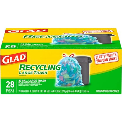 Glad Trash Bags, Large Drawstring Garbage Bags, 30 Gallon Blue Trash Bags for Large Kitchen Trash Can or Recycling, 28 Count - Packaging May Vary