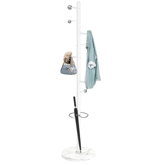 ZOZOE Metal Coat Rack Stand, Modern Coat Rack Freestanding with Natural Marble Base, Sturdy Industrial Coat Racks with 8 Hooks & Umbrella Holder,White Coat Tree Hanger Stand for Entryway,Office